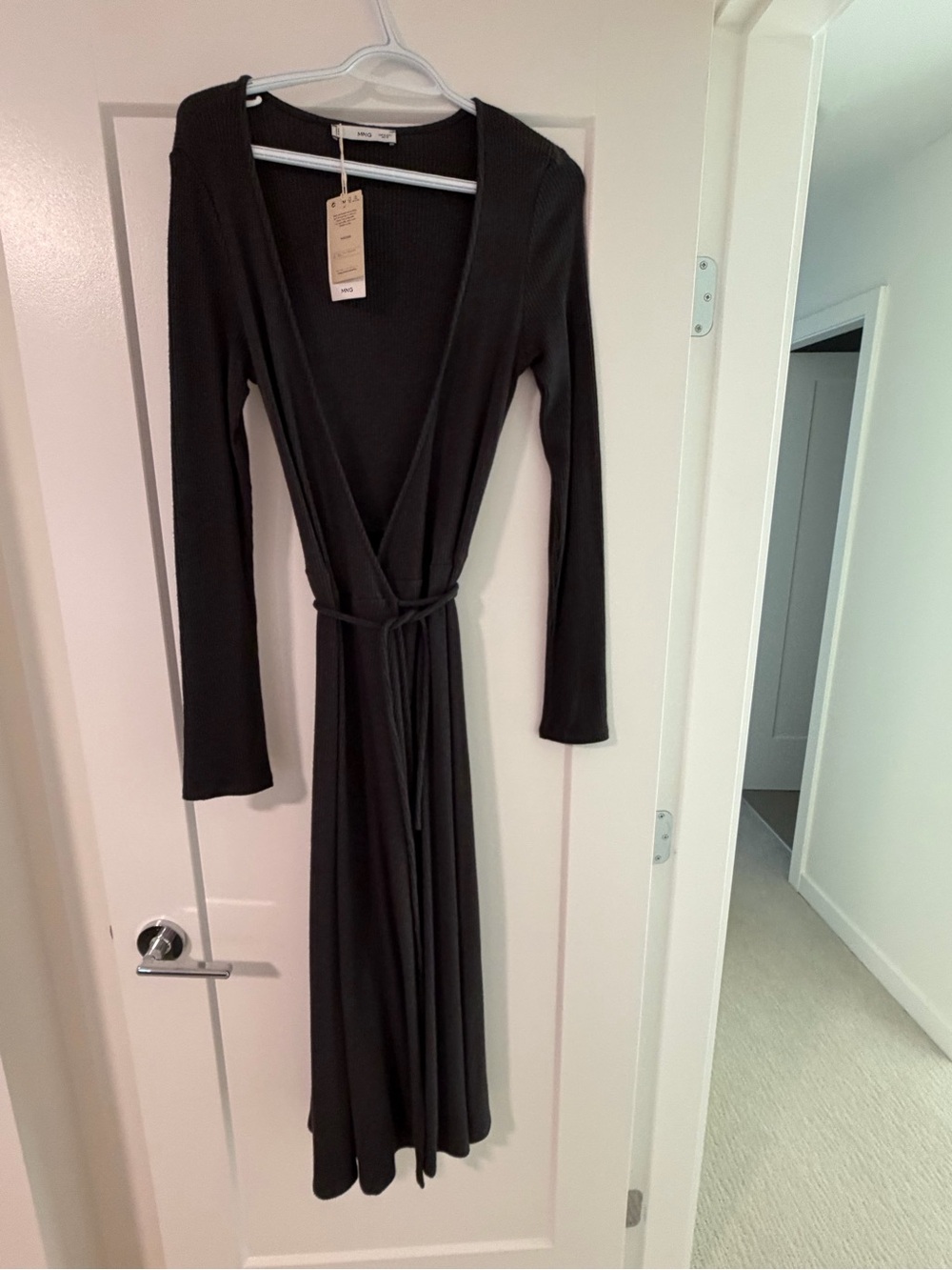 Mango Black Long-Sleeve Ribbed Wrap Dress with Tie